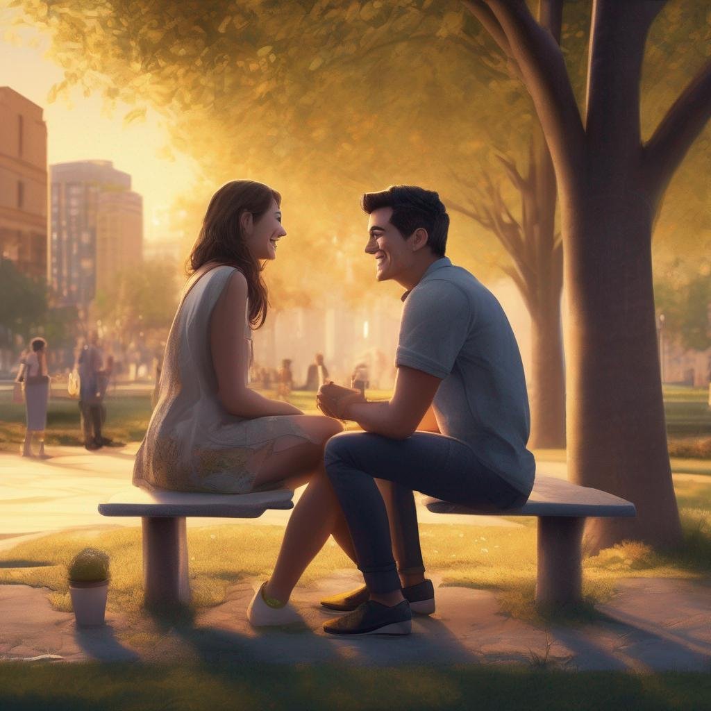 Happy couple discussing relationship in urban park during golden hour.jpg