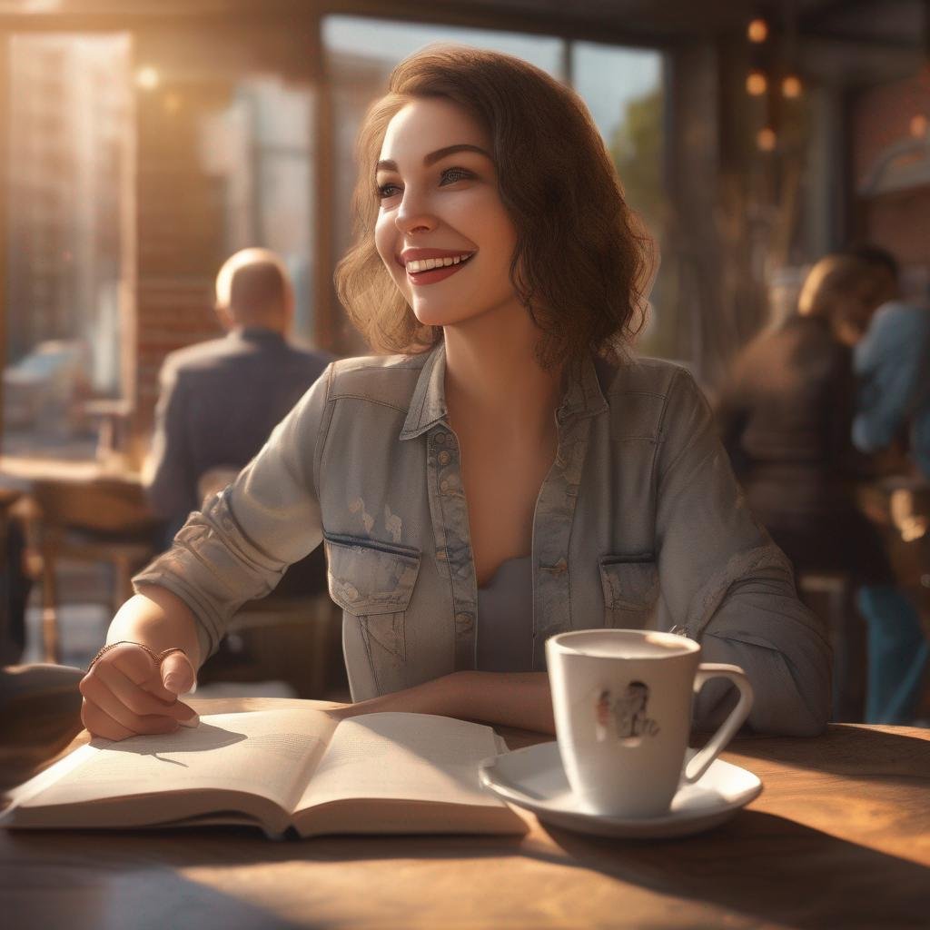 American woman at coffee shop table with book on dating etiquette and confident smile.jpg