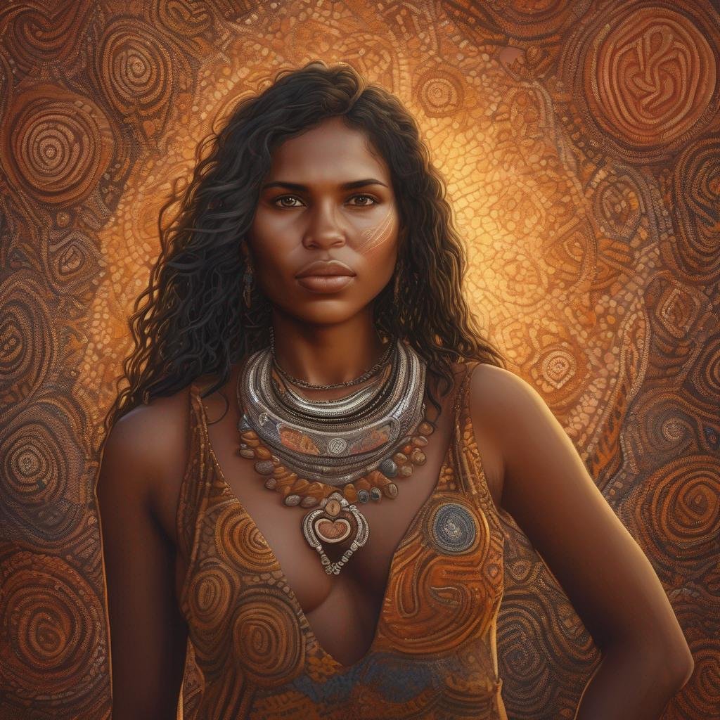 Australian woman with traditional aboriginal art and heart-shaped pendant in warm sunlight, portraying serene expression..jpg