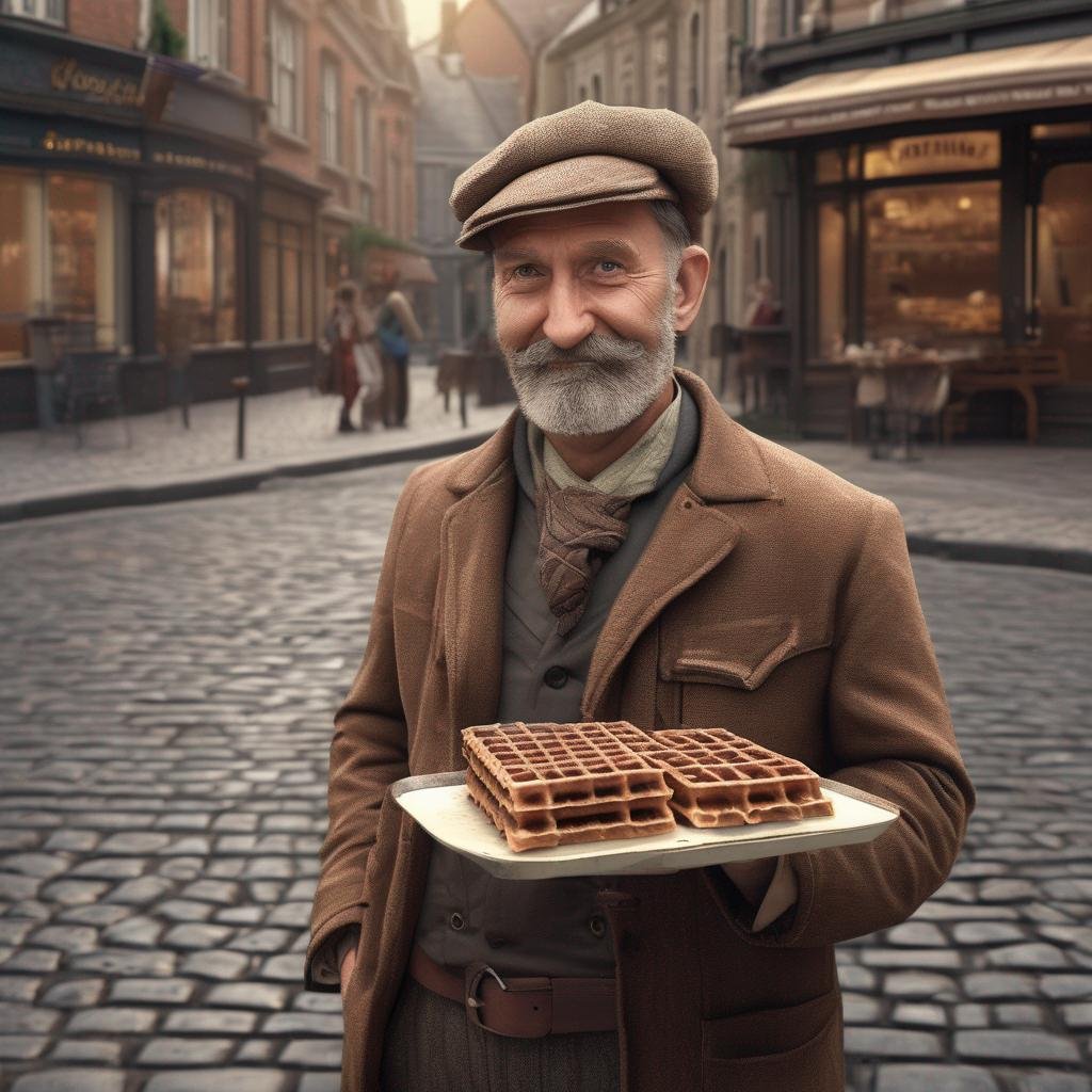 Belgian man in charming cobblestone street with chocolate, waffle stand, and vintage camera.jpg