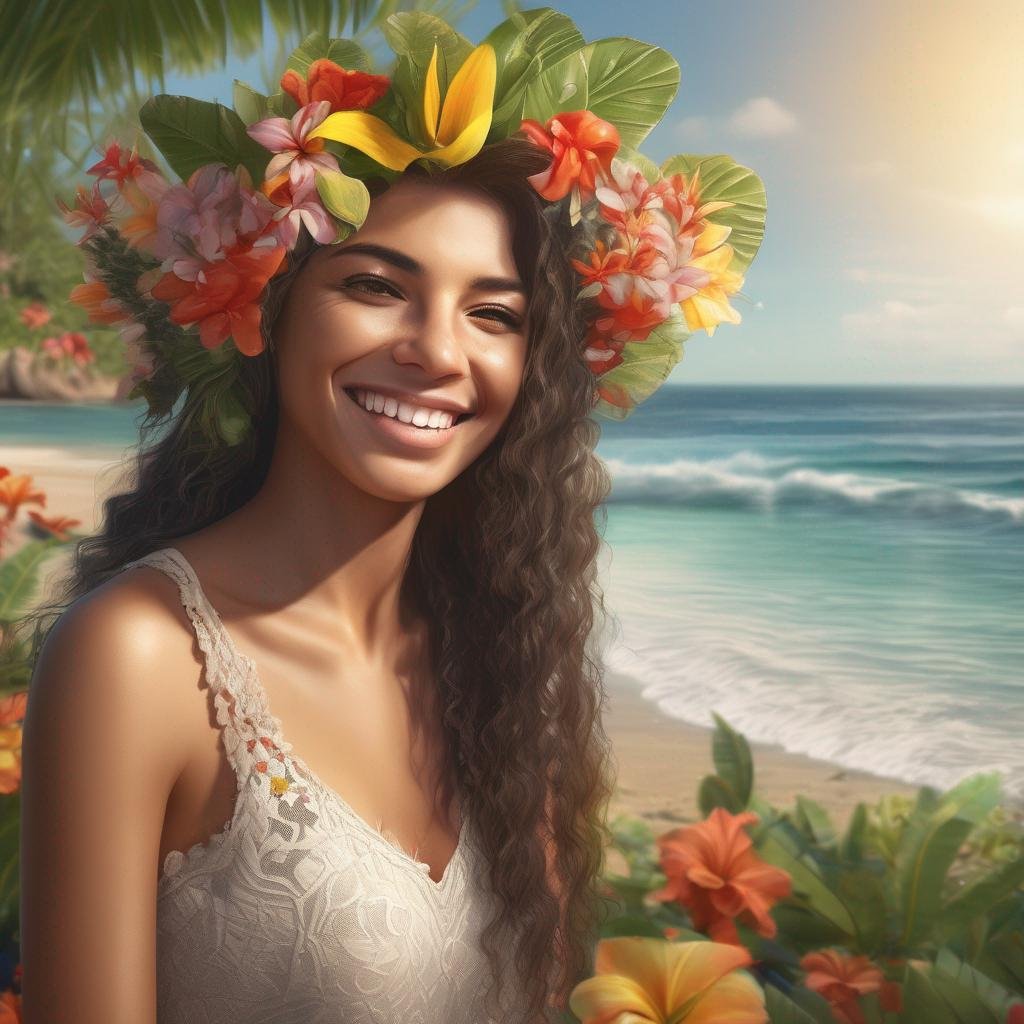 How to attract a Brazilian woman - smiling woman on beach with tropical flowers.jpg