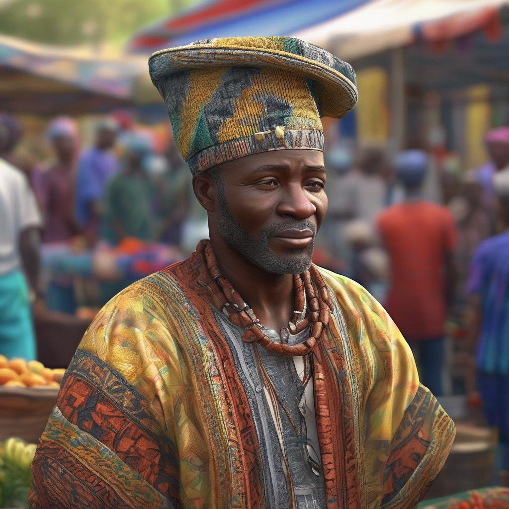 Cameroonian man in traditional clothing at outdoor market with vibrant colors.jpg