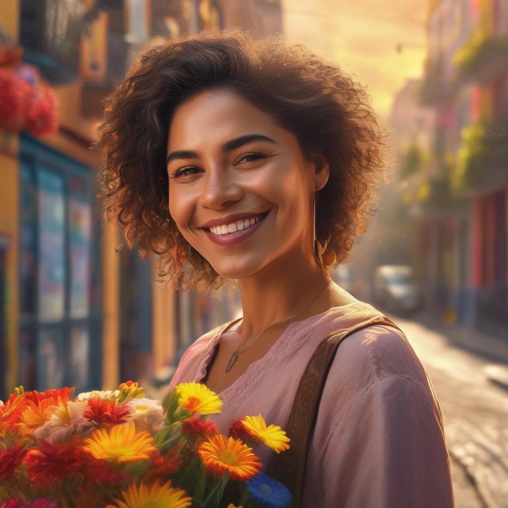 Colombian woman smiling on vibrant street with golden hour sunlight and colorful flowers
.jpg