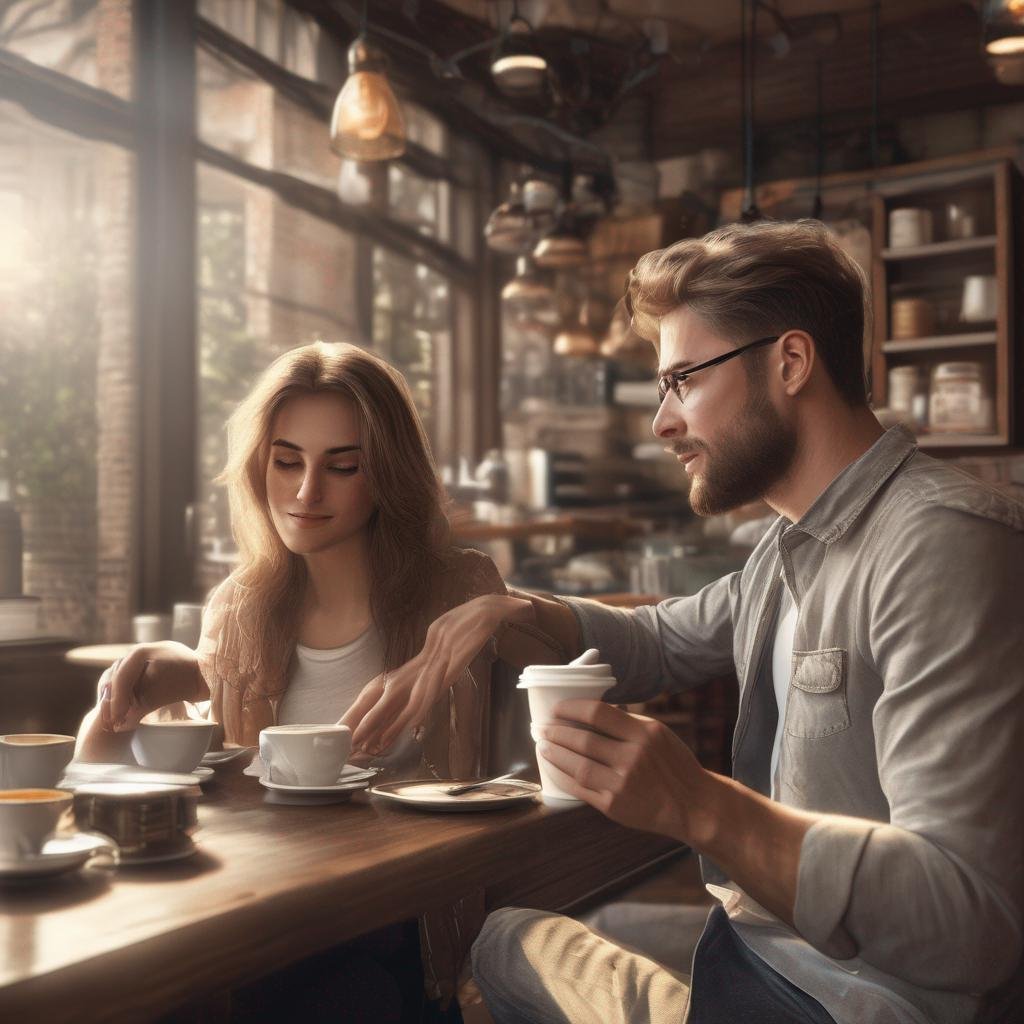 First date couple in coffee shop holding hands and making eye contact.jpg