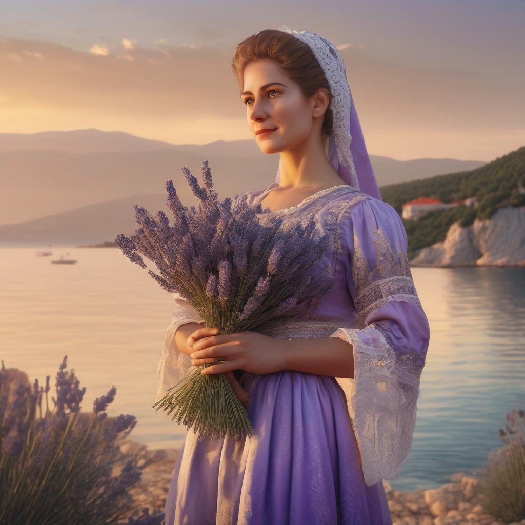 Croatian woman in traditional dress at coastal golden hour holding lavender bouquet.jpg