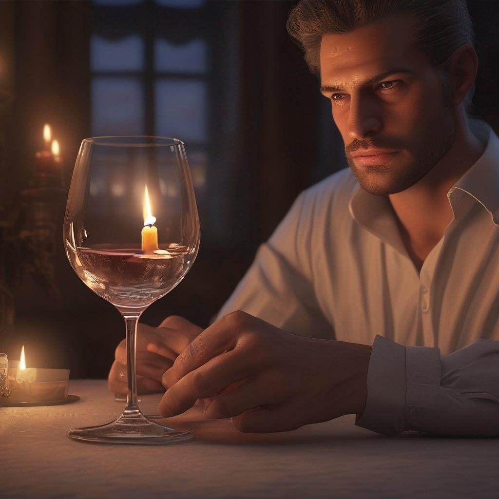 Seductive Czech man having candlelit dinner, holding wine glass.jpg