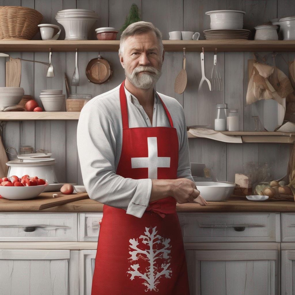 Danish man cooking in traditional kitchen with Danish flag apron.jpg