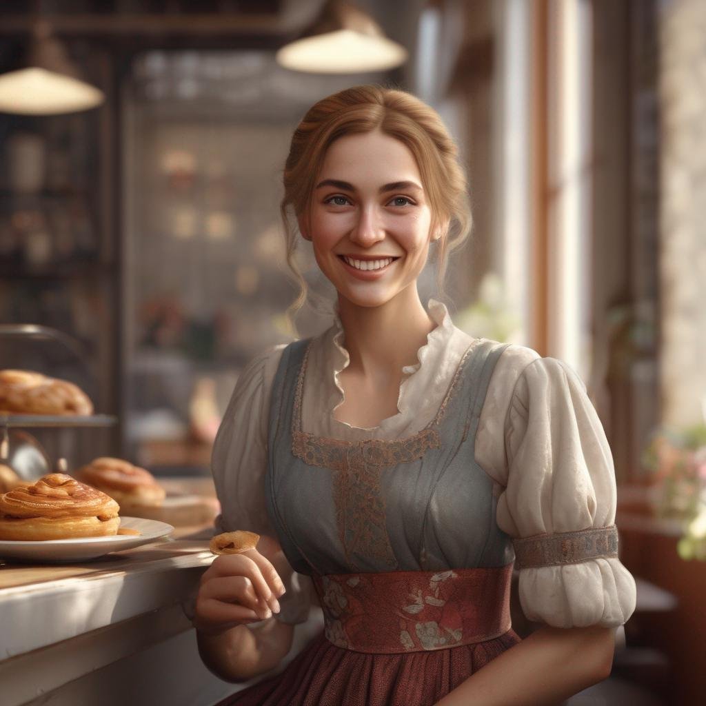 Danish woman in traditional clothing enjoying a traditional Danish pastry in a cozy cafe interior with natural light, smiling..jpg