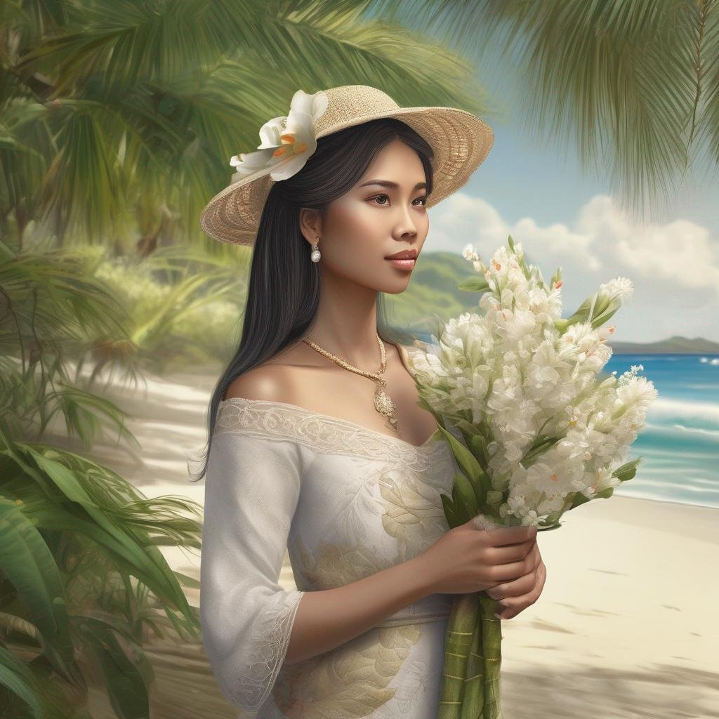 Filipina woman in traditional clothing on tropical beach holding sampaguita flowers.jpg