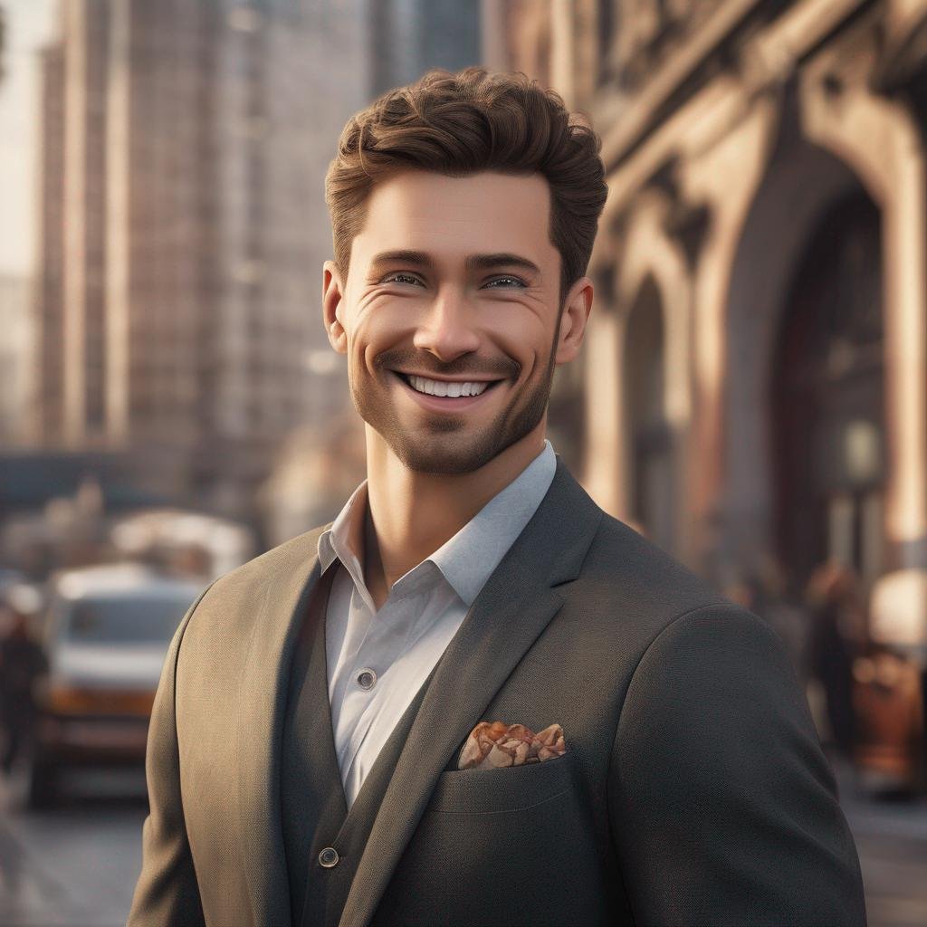 Confident man urban setting warm inviting well-dressed engaging smile..jpg