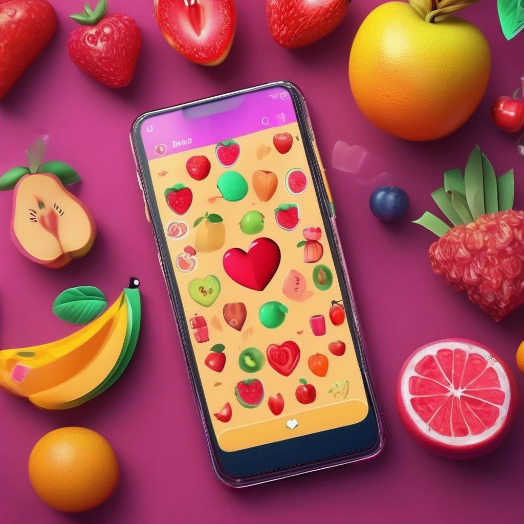 Fruitz dating app interface on a fruit-themed smartphone, heart-shaped symbol, vibrant background.jpg