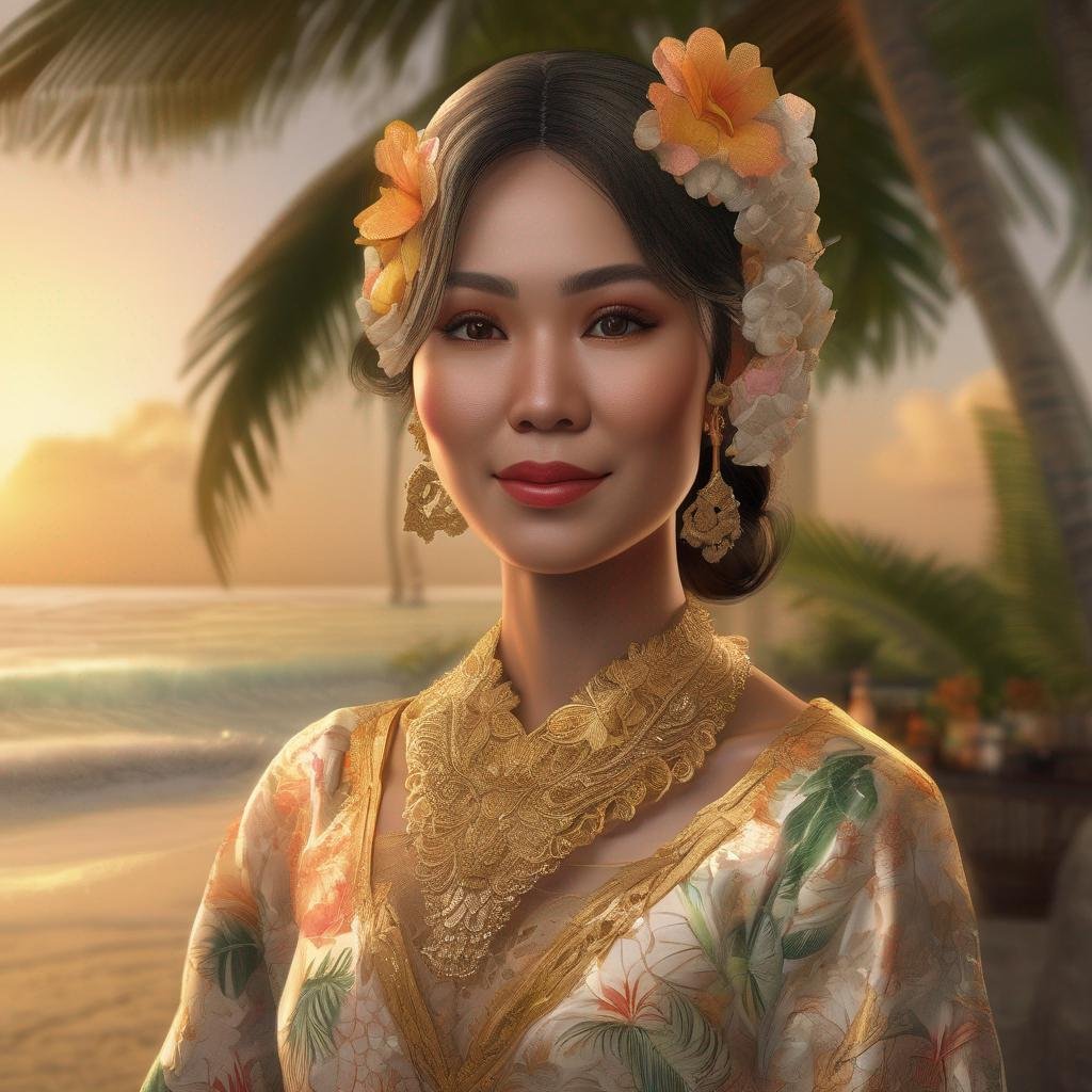 Seducing Indonesian woman on tropical beach with traditional dress, golden hour sunlight, flower in hair, and traditional food or drink.jpg