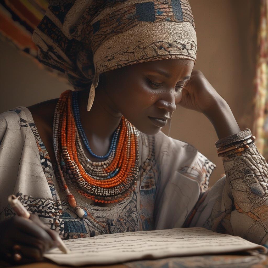 Kenyan woman gazing at traditional Kenyan patterns, wearing beaded jewelry, holding love letter.jpg