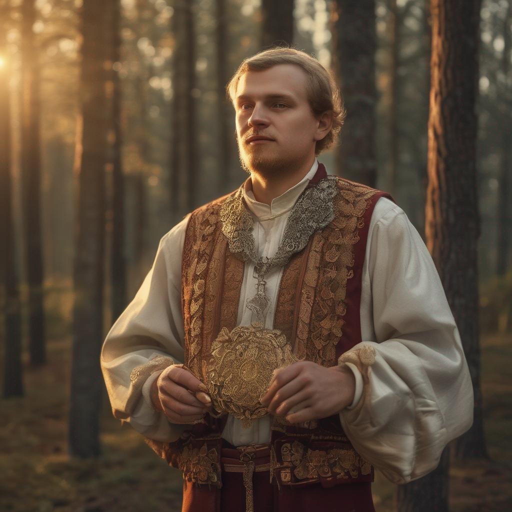 Latvian man in traditional attire standing in forest holding Latvian charms at golden hour.jpg