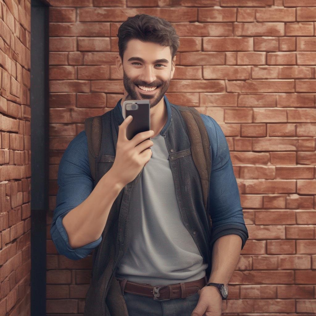 Male Tinder profile optimization: Smiling man in stylish outfit takes selfie against brick wall with casual confidence..jpg