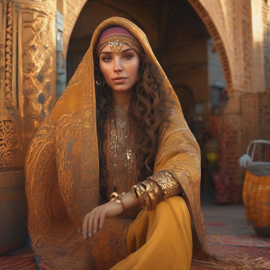 Seduce Moroccan woman traditional dress vibrant market golden sunlight henna designs enticing gaze.jpg