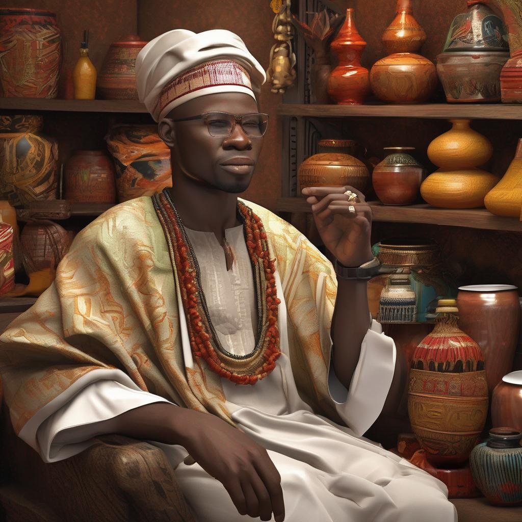 Seduce a Nigerian man in traditional attire with vibrant cultural setting and warm, inviting light. Traditional Nigerian objects and symbols..jpg