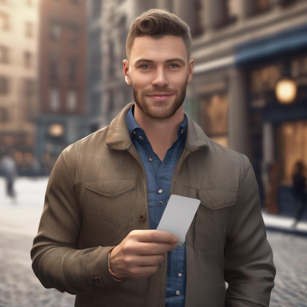 Optimized alt tag: Confident man in urban setting holding dating profile bio card.jpg