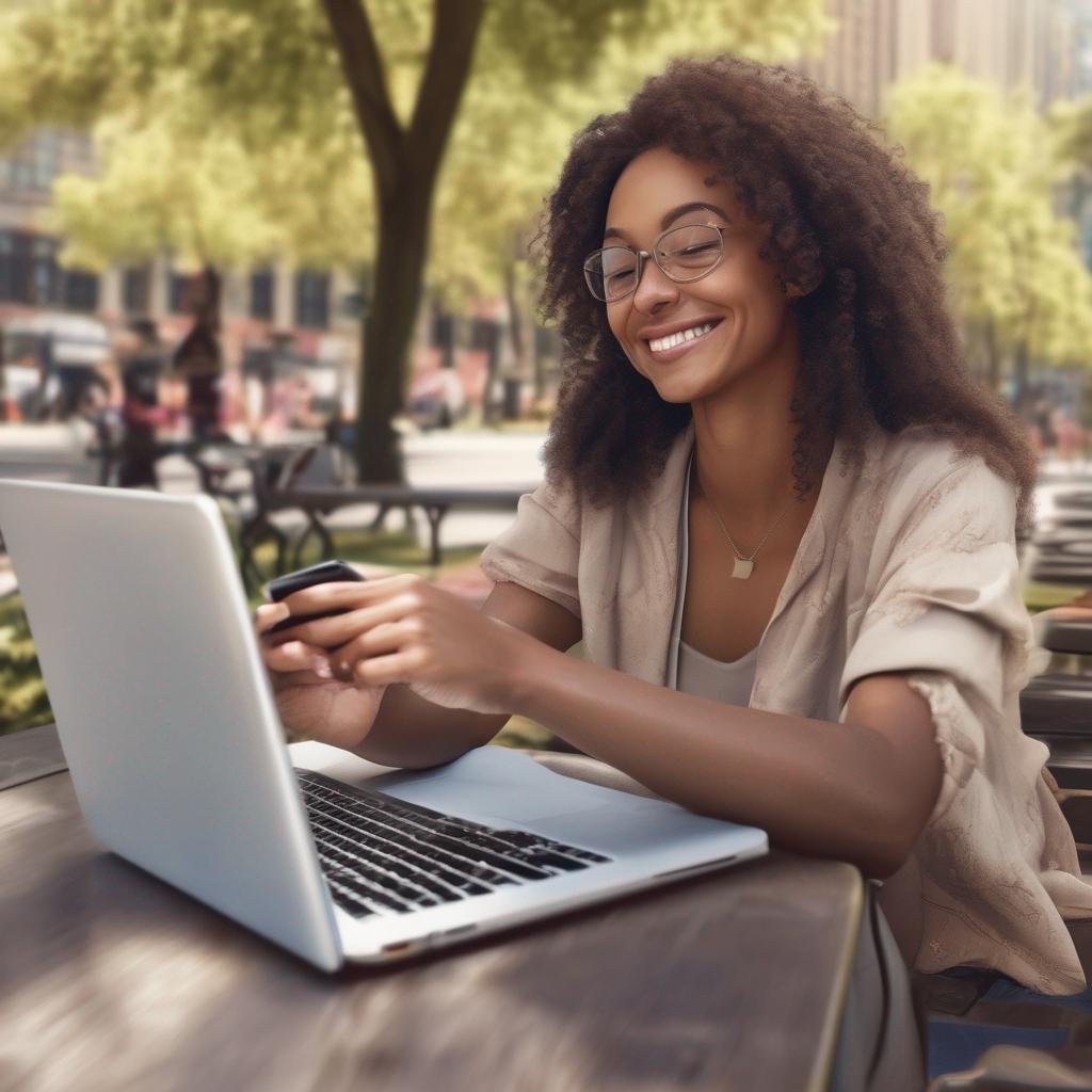 Smiling person using laptop and texting on phone in urban park for online dating profile rejection.jpg