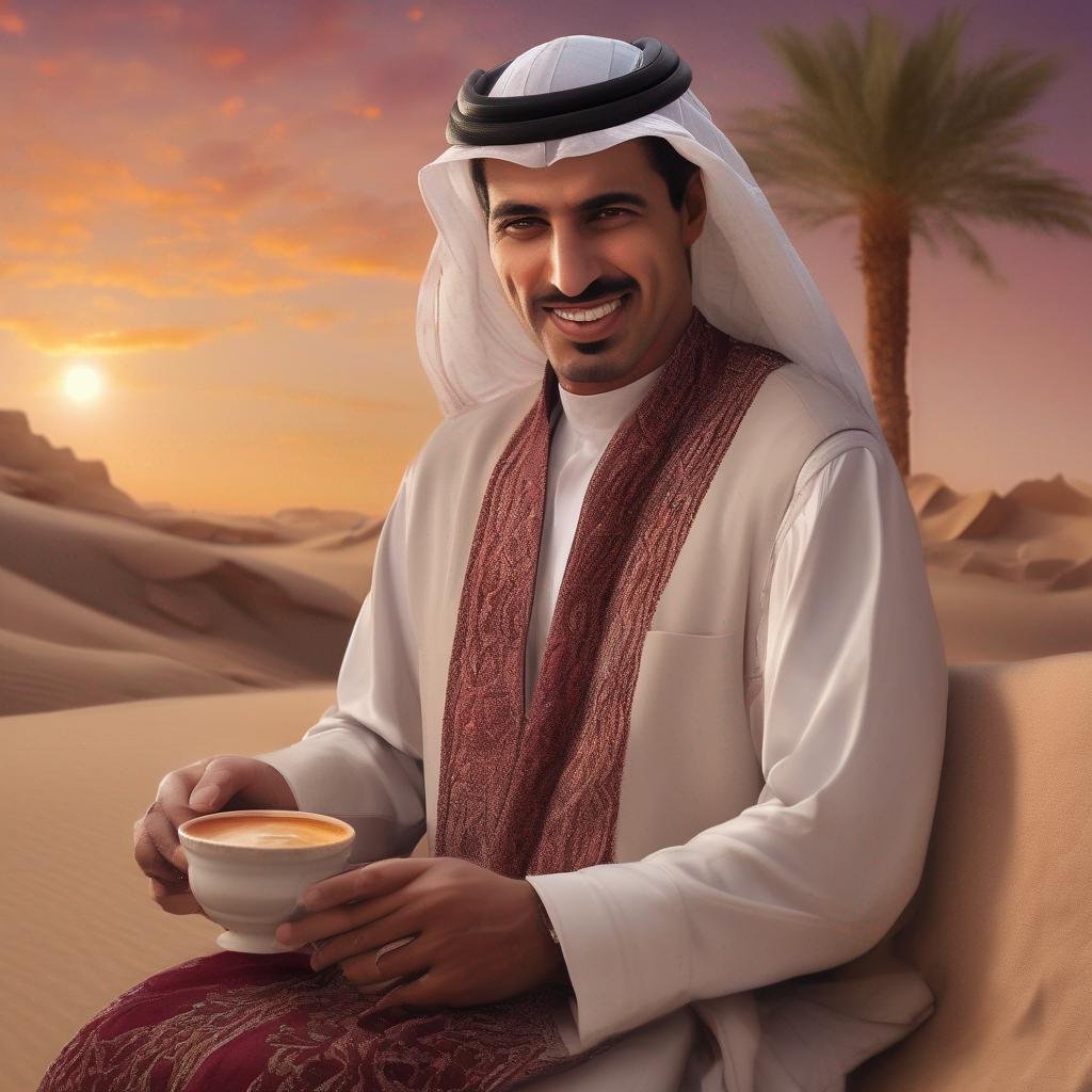 Qatari man in traditional attire with warm desert sunset and Arabic coffee.jpg