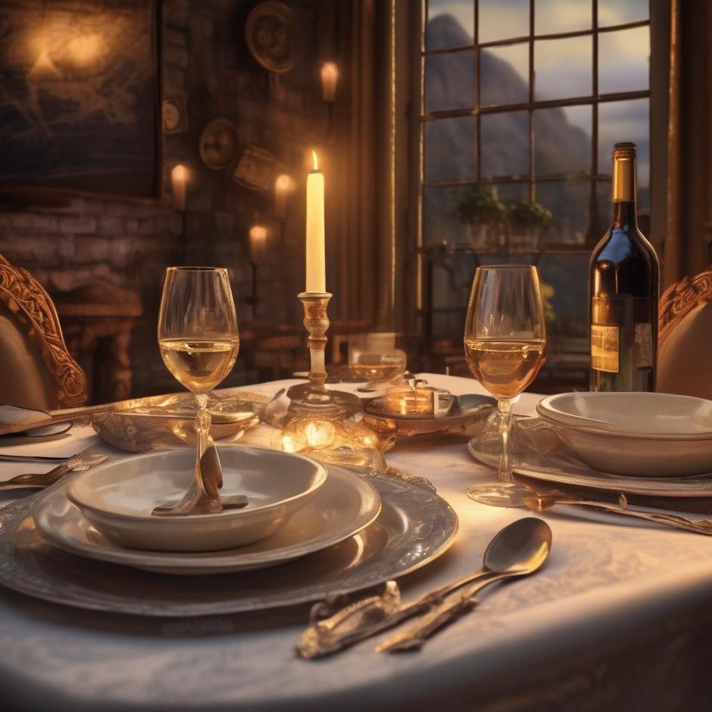 romantic dinner conversation, candlelit ambiance, elegant table setting, golden light, cozy atmosphere.jpg