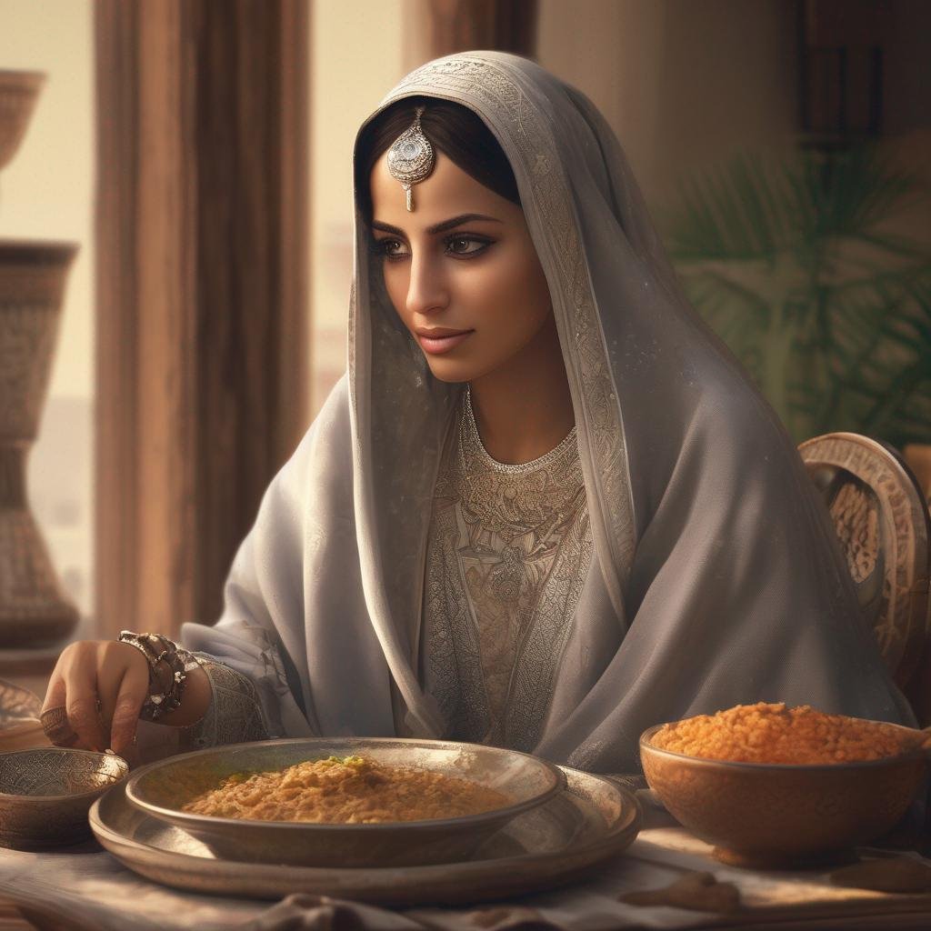 Saudi woman traditional home-cooked meal traditional attire warm inviting.jpg