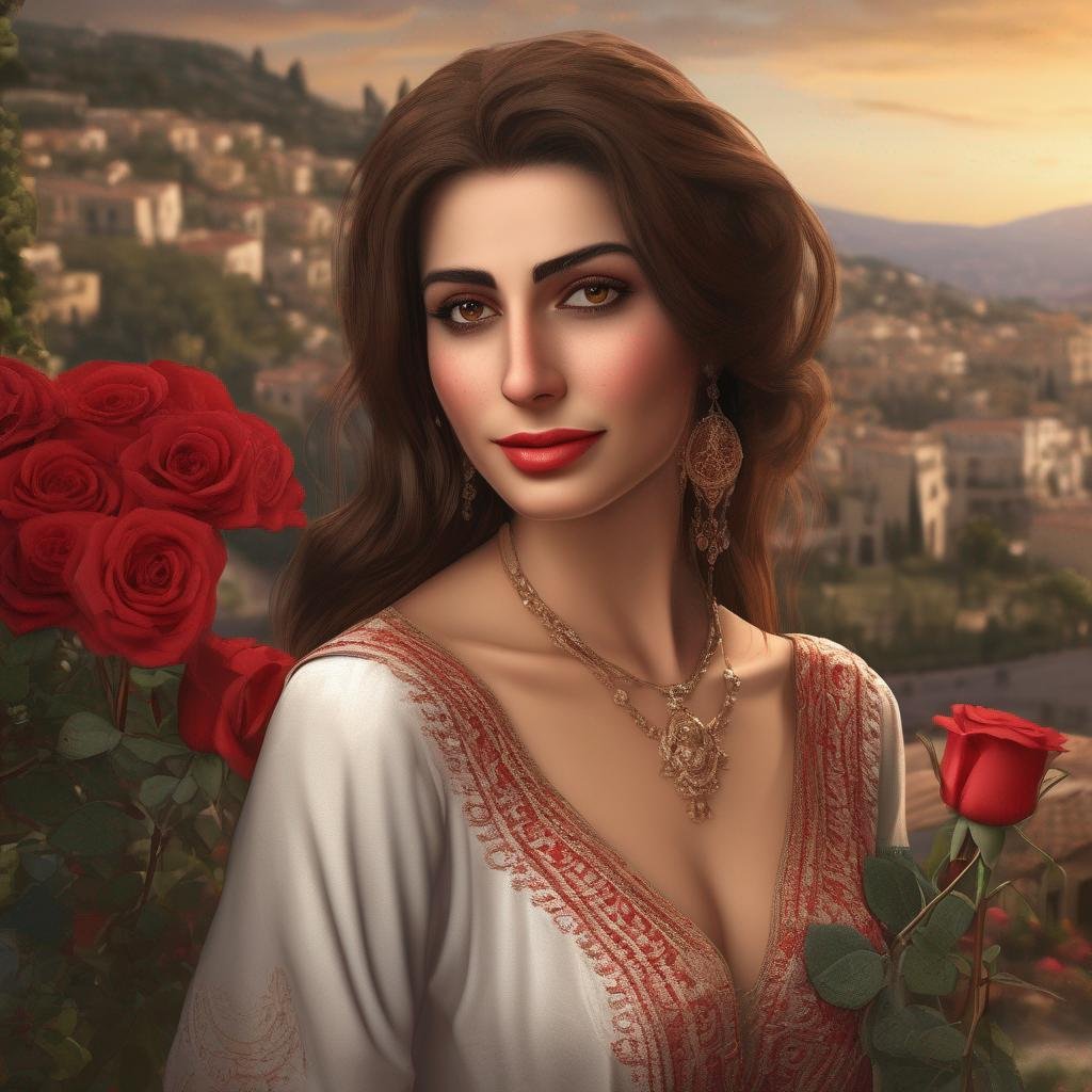 Lebanese woman in traditional attire making eye contact, with Mediterranean landscape and red roses in background.jpg