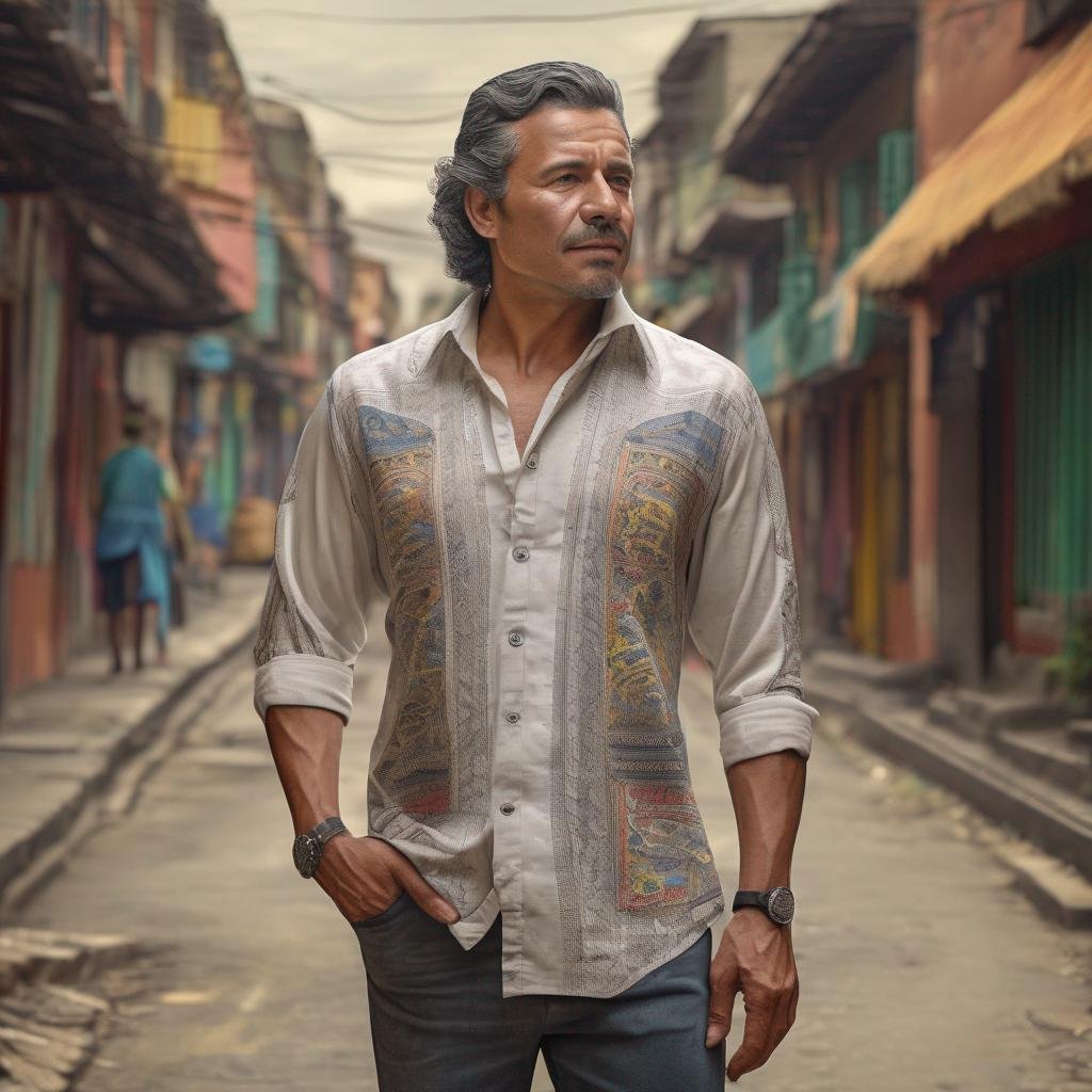 Colombian man in traditional shirt with charismatic gaze on vibrant street.jpg