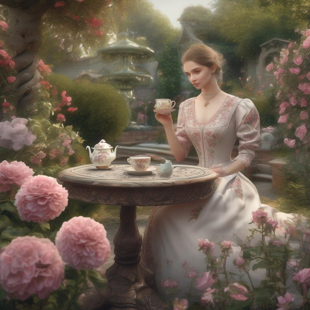 English woman in traditional garden with teacup and flowers.jpg