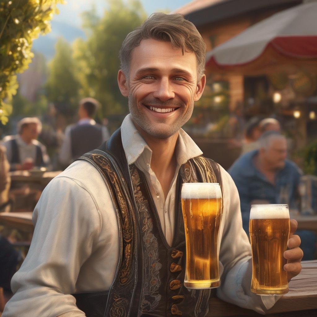 Seduce German man in traditional clothing at beer garden with confident smile in warm sunlight.
.jpg