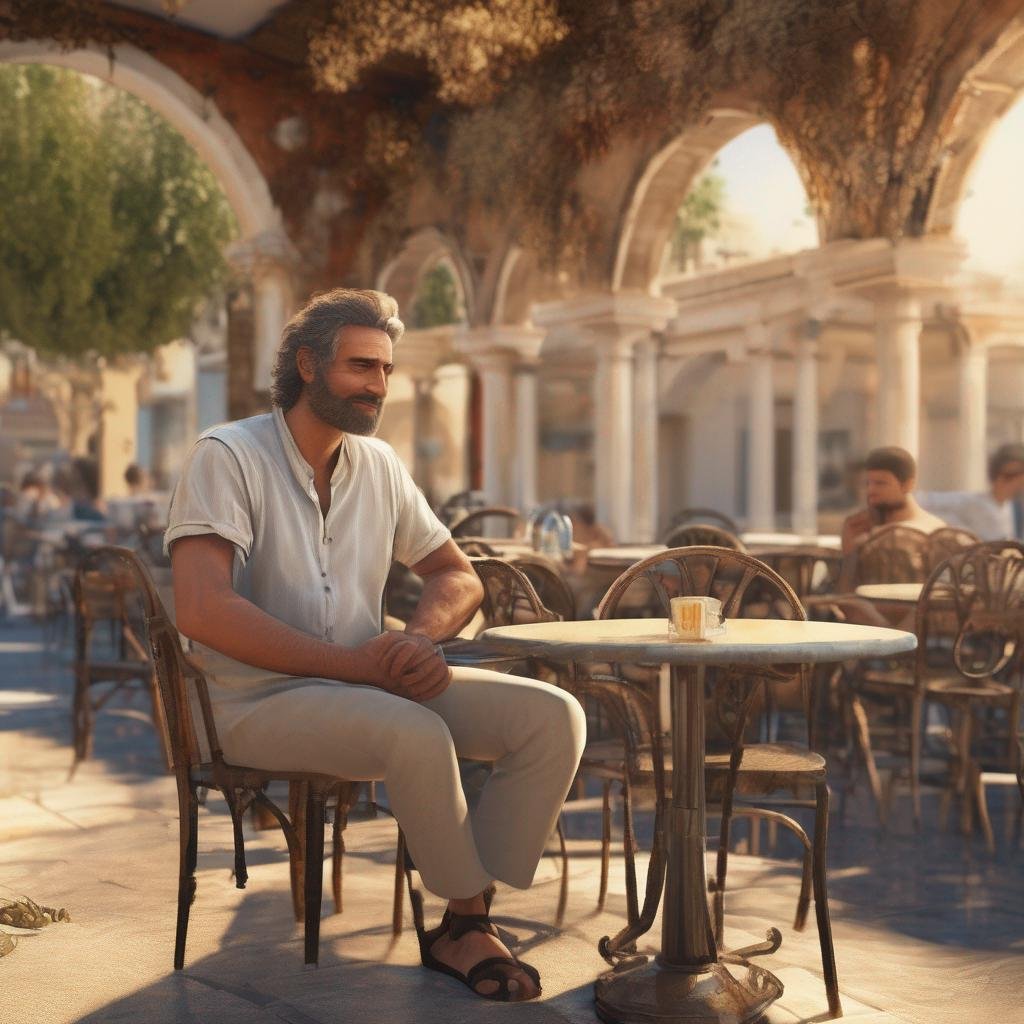 Greek man at outdoor cafe with traditional architecture and warm sunlight.jpg