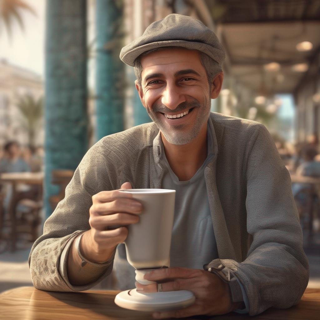 Seduce Israeli man in cafe with warm light, smiling, holding coffee cup, casual attire..jpg