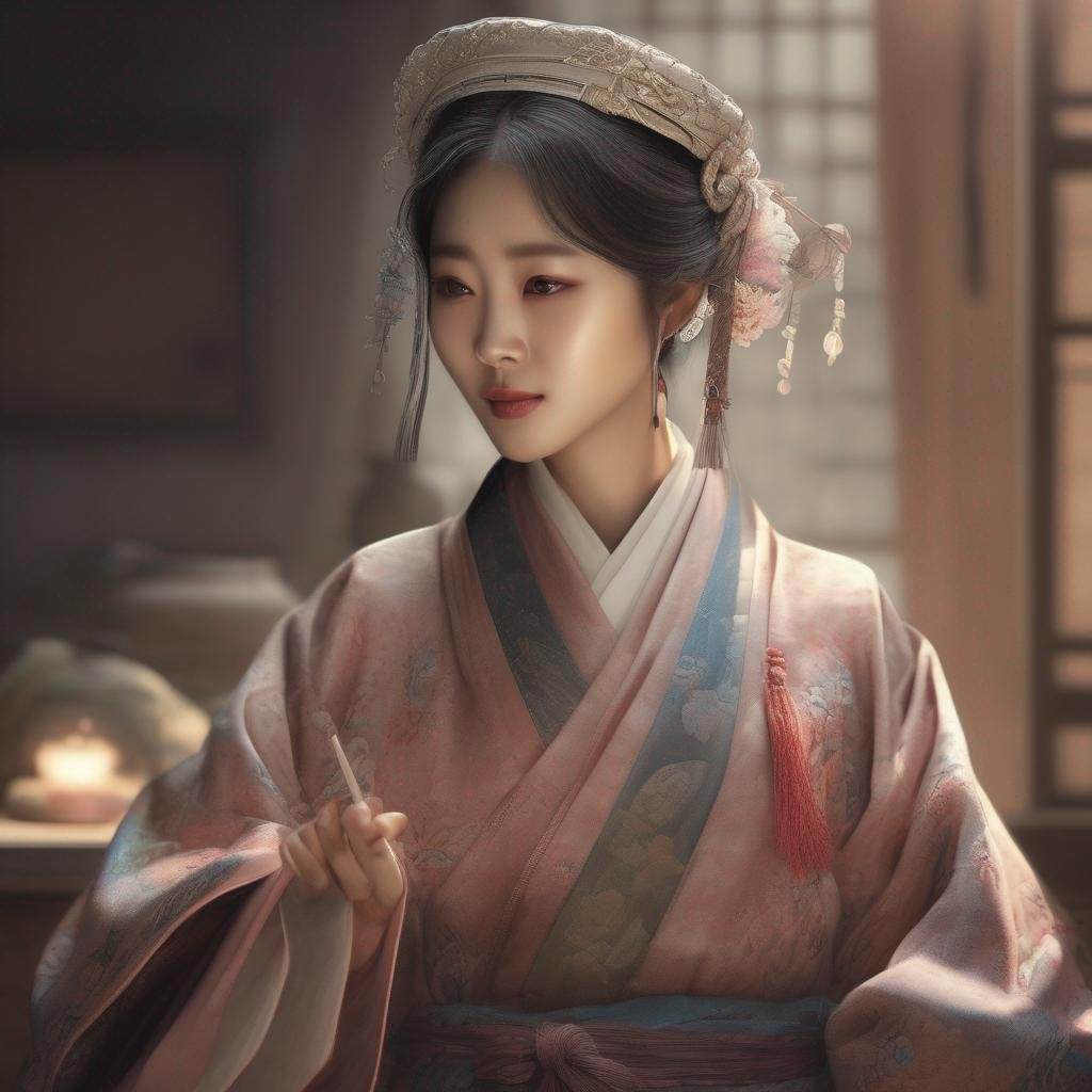 Seducing Korean woman in traditional clothing with warm and inviting setting..jpg