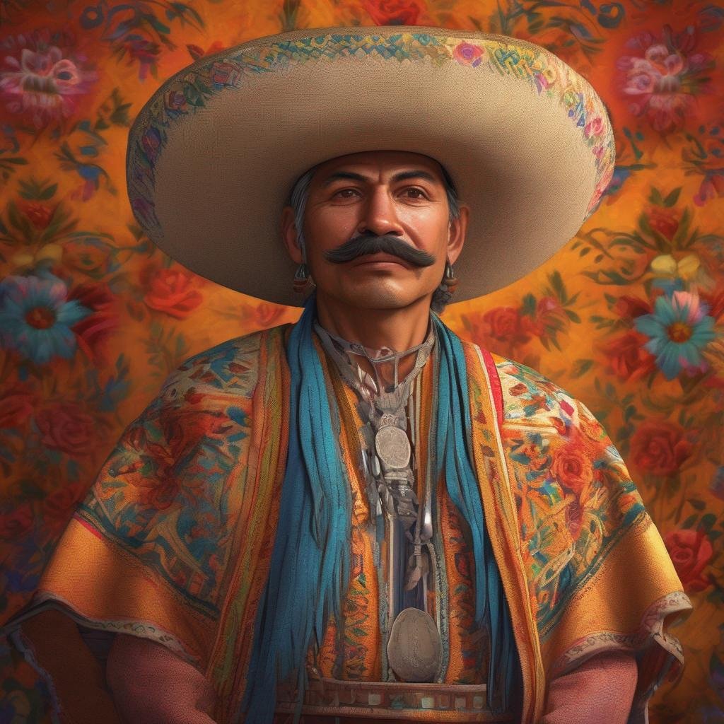 Seduce Mexican man traditional attire vibrant background warm light inviting body language.jpg