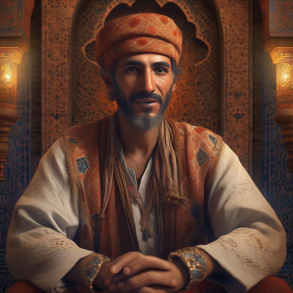 Moroccan man in traditional attire making inviting gesture in dim candlelight, with intricate mosaic background.jpg