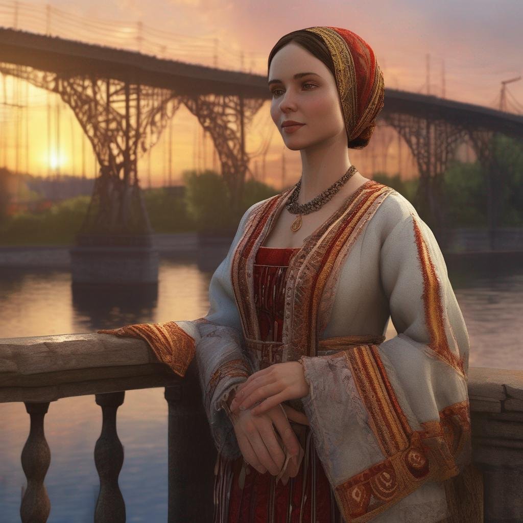 Romanian woman in traditional attire at sunset on bridge, cultural differences, warm conversation.jpg