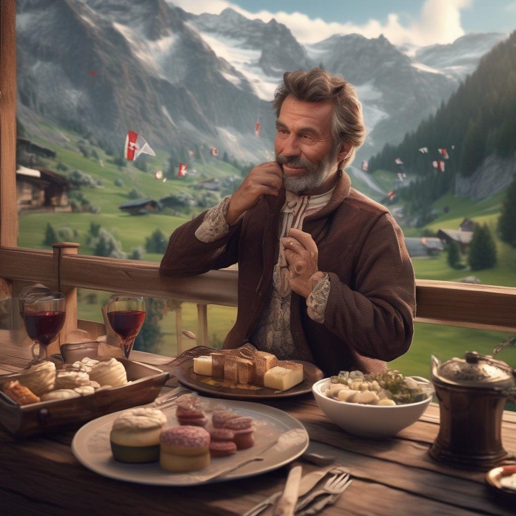 Seduce Swiss man in traditional attire with fondue dinner and heart-shaped chocolates in cozy chalet with mountain view.jpg