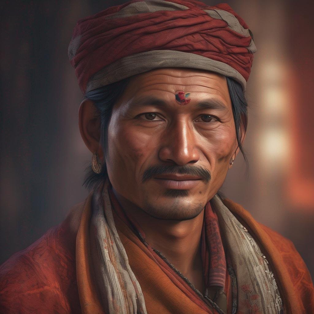 Seductive Nepalese man in traditional attire with warm colors and subtle expression..jpg