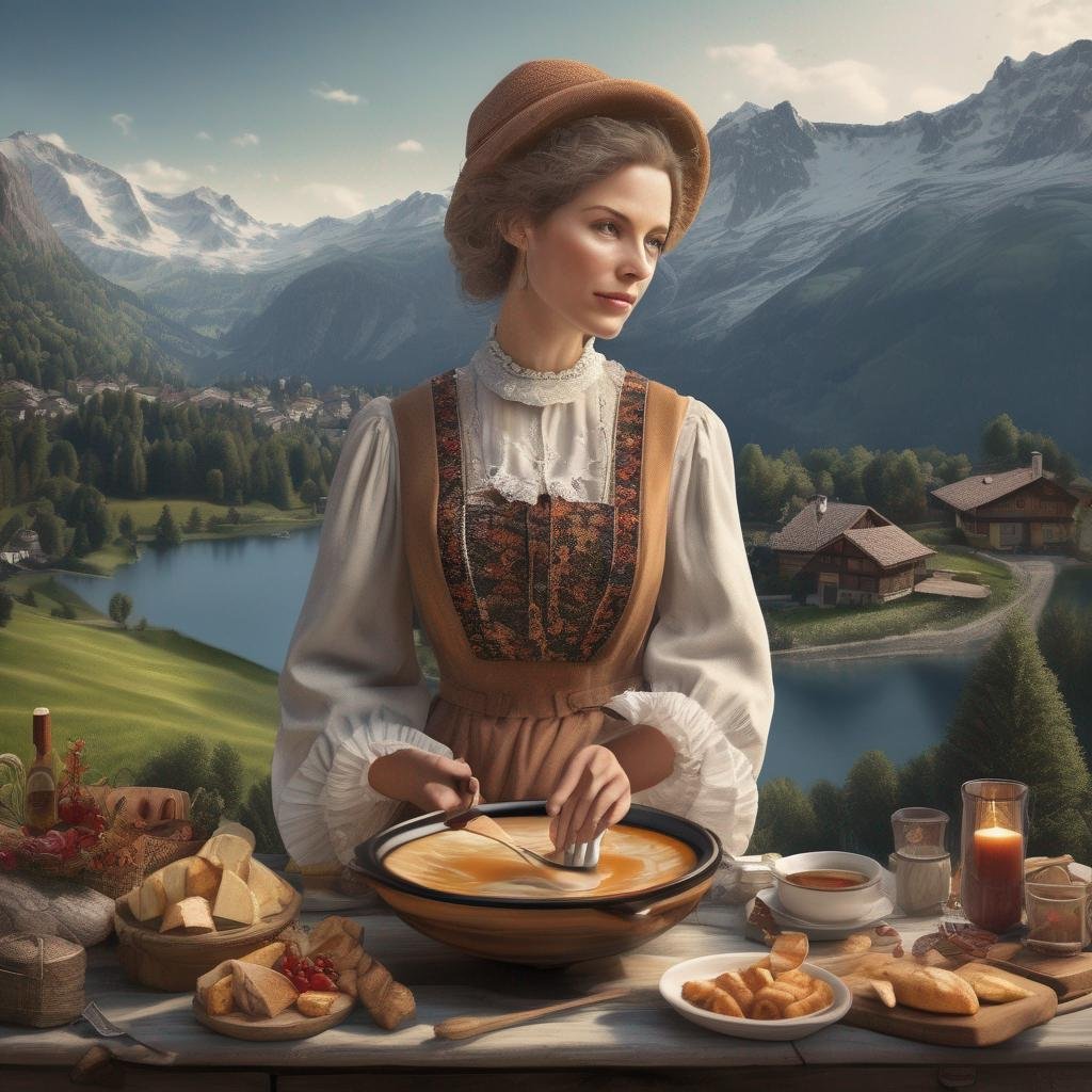 Seduce Swiss woman in Alpine attire enjoying fondue dinner in soft natural light landscape.jpg