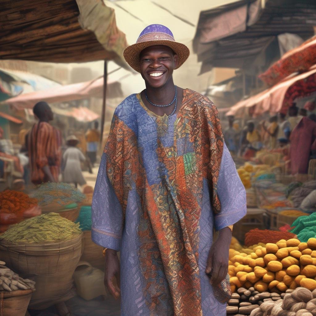 Seduce Tanzanian man in traditional attire at lively market.jpg