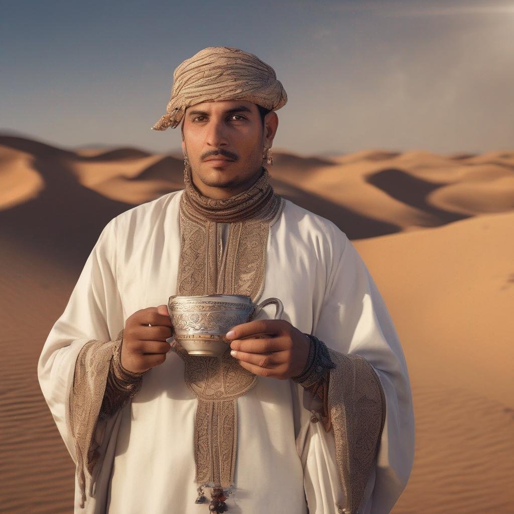 Seduce Tunisian man in traditional clothing in the desert with warm sunlight, henna tattoo, and tea cup..jpg