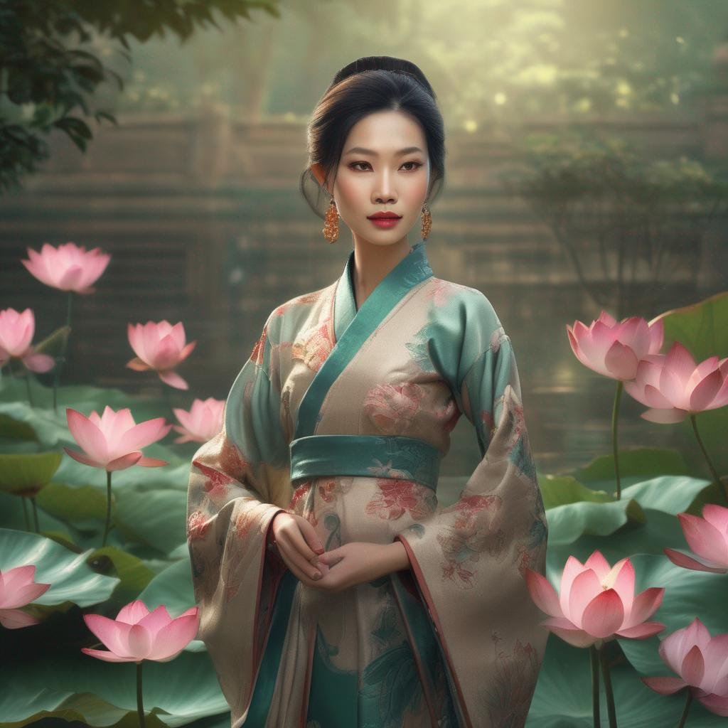 Vietnamese woman traditional dress lotus flower garden serene expression.jpg